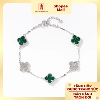 Lắc tay bạc 925 xi hồng Bảo Tín Mạnh Hải họa tiết cỏ 4 lá đá vân xanh lá công nghệ HongKong BCLTB92KDH-309006