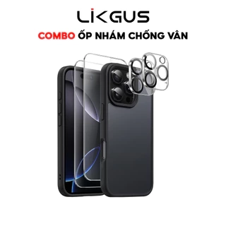 𝗖𝗢𝗠𝗕𝗢 - Ốp LIKGUS Nhám Chống Vân Tay, Chống Sốc 2M + Kính Cường Lực Trong Suốt + Cường Lực Bảo Vệ Camera