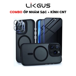 𝗖𝗢𝗠𝗕𝗢 - Ốp LIKGUS Nhám Sạc Không Dây, Chống Sốc, Chống Vân Tay + Kính Cường Lực Chống Nhìn Trộm + Bảo Vệ Camera