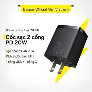 Củ Sạc Nhanh PD 20w 2 Cổng Chính Hãng Baseus QC3.0 Cục Type-C Và USB Cho iP 13 12 11 XS X XR Xiaomi