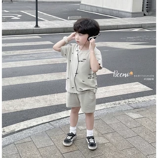 Bộ cộc tay in tràn chữ cho bé trai Beemo Chất liệu thun co giãn 4 chiều, thoáng mát, thấm hút mồ hôi B607