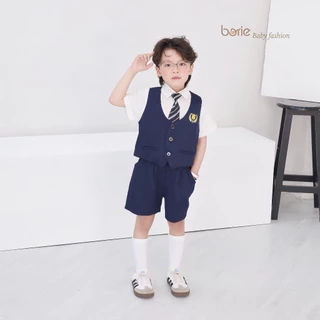 Bộ gilê 4 chi tiết cho bé trai Borie chất liệu chéo hàn mềm mịn mướt, cùng áo sơ mi phối cavat kẻ in logo xịn xò A025