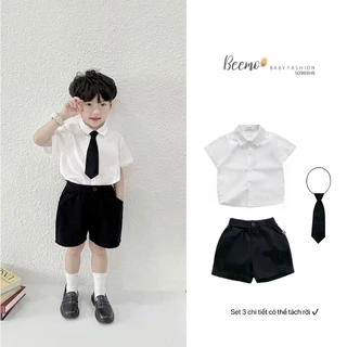 Bộ sơ mi cộc tay phối cavat cho bé trai Beemo Chất liệu thô hàn cao cấp kết hợp kaki thoáng khí B600