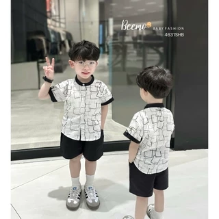 Bộ sơ mi đũi xước in hoạ tiêt cho bé trai Beemo Chất liệu đũi xước thoáng mát thiết kế áo cộc tay cổ tàu B594