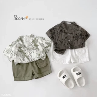 Bộ sơmi cổ V Summer cho bé trai Beemo Chất liệu thô hoạ tiết in lá, kết hợp cùng kaki hàn siêu đẹp B488
