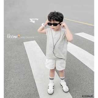 Áo ba lỗ Beemo kẻ ngang phối túi vải cotton thoáng mát mặc đi học, du lịch cho bé trai từ 9-24kg 4259AHB