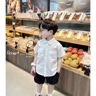 Áo sơ mi cộc Beemo phối túi ngực in hình gấu vải thô hàn thoáng mát cho bé trai từ 9-24kg 5077AHB
