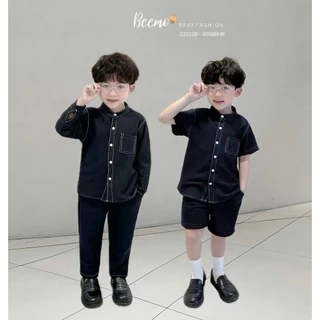 Set bộ đôi sơ mi cổ tàu Beemo cộc tay, dài tay vải giả bò mềm mại cho bé trai từ 9-24kg 23323B