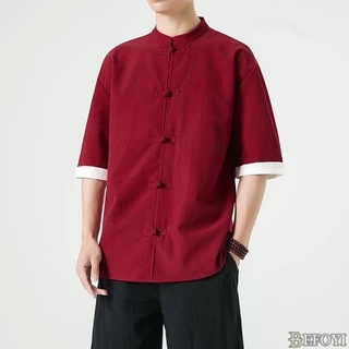 Áo Sơ Mi Tay Ngắn Vải Lanh Nam Phong Cách Trung Hoa Đường Triều Đại Rời Cổ Đứng Nút Top dtt35