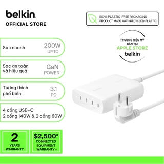 Adapter sạc nhanh 200W Belkin 4 cổng USB-C PD 3.0 GaN màu trắng