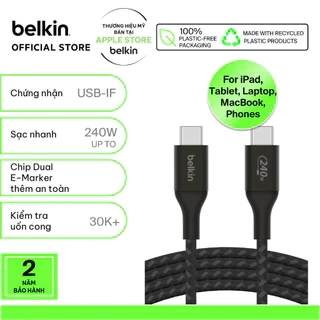 Cáp USB C - C vỏ dù, công suất 240W, USB-C PD3.1, 2 mét, màu đen Belkin