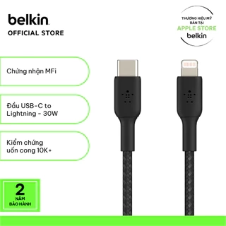 Cáp USB-C to Lightning BOOST CHARGE Belkin vỏ dù, chứng chỉ MFi, sạc nhanh 30W CAA004