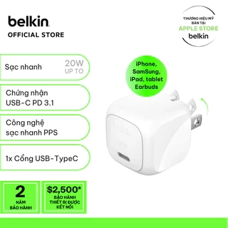Củ sạc nhanh 20W PD Belkin Cube Wall Charger, Thiết kế gọn nhẹ, tương thích với hầu hết thiết bị