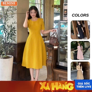 Đầm thiết kế BEMINE cổ tròn đính cúc dáng chữ A tay ngắn phù hợp đi làm, đi dạo phố-MT10100