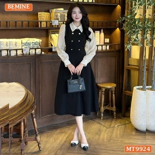 Đầm thiết kế BEMINE cổ đức dáng chữ A tay dài phối voan có cúc phù hợp đi làm, đi chơi-MT9924