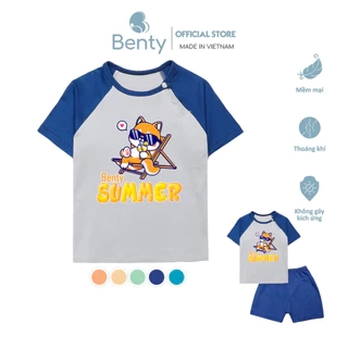 Bộ cộc tay cài chéo BENTY hình Summer BT083 cotton thoáng mát mềm mịn, đồ ngắn tay bé trai, bé gái