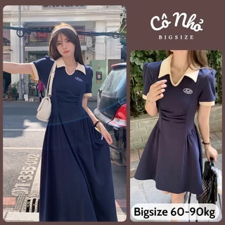 Đầm Bigsize Nữ Dáng Polo Công Sở Tay Ngắn Nhún Eo Che Bụng Phối Viền Trắng Váy A Xòe Nhẹ