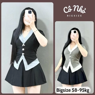 Áo Thun Kiểu Bigsize Nữ Tay Ngắn Cổ Tim Co Giãn Giả 2 Lớp Dịu Dàng Cho Chubby 60-95kg A271