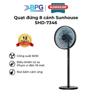 Quạt đứng Sunhouse 8 cánh 60W SHD-7346, động cơ đồng nguyên chất, vận hành êm ái, không tiếng ồn