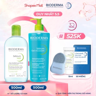 Bộ nước tẩy trang và làm sạch cho da dầu mụn Bioderma Sebium H2O 500ml và Gel rửa mặt 500ml