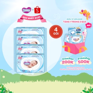 Bộ 4 gói Khăn ướt Bobby không mùi 100 tờ/gói (Xanh)