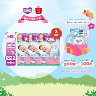 Combo 3 tã dán sơ sinh Bobby NB70/S54/M46 mới- Lõi nén cotton-soft 3mm
