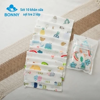 10 Chiếc Khăn Sữa 2 Lớp BONNY Sợi Tre Mềm, Thấm Hút Tốt Không Xù Nhăn (KT: 26x26Cm)