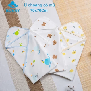 Ủ Choàng Có Mũ BONNY Cotton Mềm Êm Mịn Cho Bé Sơ Sinh (Kt: 70x70Cm)
