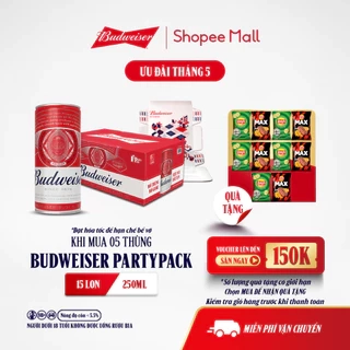 Combo 5 Thùng 15 Lon Bia Budweiser PartyPack Chính Hãng (250ml/lon)