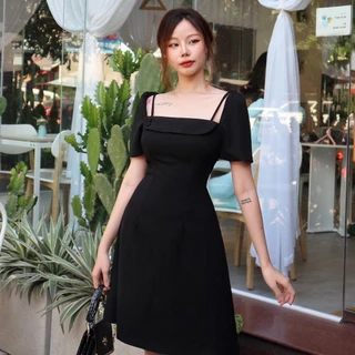 Đầm dự tiệc cổ vuông dáng xòe phối dây sang trọng màu đen Callene (CC324)