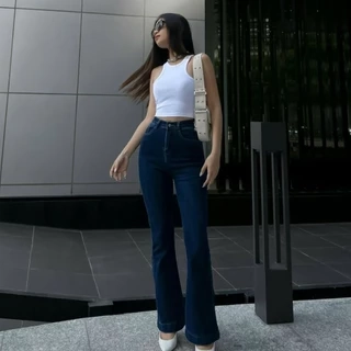 Quần jeans nữ dài ống loe lai bản to 4 phân cạp cao tôn dáng Callene (L1874)