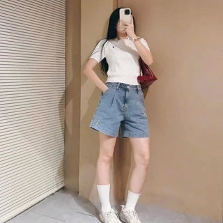 Quần short jean lưng cao màu nhạt thêu hình thời trang trẻ trung Callene (L2703)