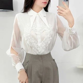 Áo Sơ Mi Nữ 𝐂𝐂𝐇𝐀𝐓 Kiểu Xẻ Tay Bèo Rúm Hình Trái Tim Chất Liệu Voan Mềm Mại 15FDV2001ST