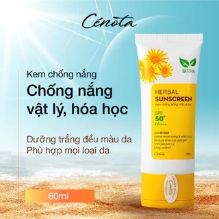 Kem chống nắng thảo dược Cenota Herbal Sunscreen SPF 50+ 60ml, chống nắng 2 cơ chế Vật lí+Hóa học, kcn nâng tone
