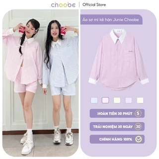 Áo sơ mi nữ Choobe oversize kẻ sọc chất liệu kate Hàn cotton hoạ tiết thình thêu trẻ trung ASM08