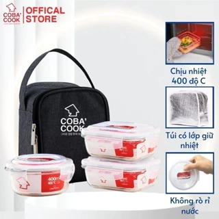 Bộ hộp cơm thủy tinh COBA'COOK 2 hộp chữ nhật 370ml và 1 hộp tròn 400ml + 1 túi giữ nhiệt- CCR4L33BS
