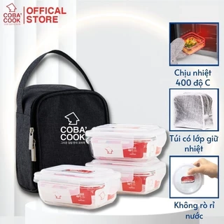 Bộ túi hộp đựng cơm thủy tinh chịu nhiệt COBA'COOK 3 hộp chữ nhật 370ml và 1 túi giữ nhiệt -CCL33BS