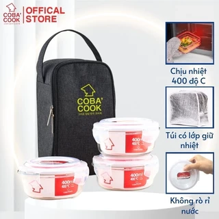 Bộ túi hộp đựng thủy tinh COBA'COOK gồm 3 hộp tròn 400ml và 1 túi giữ nhiệt với- CCR43BL