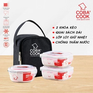 Bộ 3 Hộp Cơm Thủy Tinh COBACOOK Hình Chữ Nhật 370ml Kèm Túi Giữ Nhiệt- CCL33BS