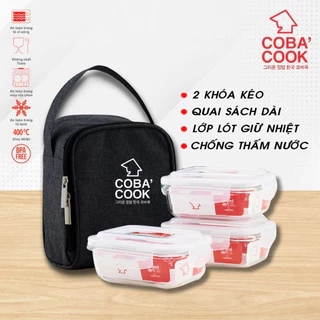 Bộ 3 Hộp Đựng Cơm Thủy Tinh Chịu Nhiệt COBA'COOK Chữ Nhật 370ml Và Túi -CCL33BS