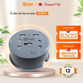 Ổ Cắm Điện Du Lịch COMET CES9111 Dây Quay Tròn Dài 1M, 2 Ổ USB, 1 Ổ 3 Chấu, 1 Ổ 2 Chấu