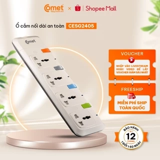 Ổ cắm nối dài Comet CESG2405 dây dài 5m, 4 lỗ 3 chấu, 4 công tắc, có nắp che lỗ cắm an toàn