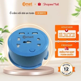 [QUÀ] Ổ Cắm Điện Du Lịch COMET CES9111 Dây Quay Tròn Dài 1M, 2 Ổ USB, 1 Ổ 3 Chấu, 1 Ổ 2 Chấu