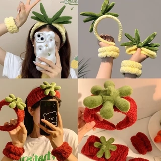 Aijolen Băng Đô Cài Tóc Vải Bông Họa Tiết Dâu Tây / Dứa Hoạt Hình Dễ Thương Dùng Khi Rửa Mặt