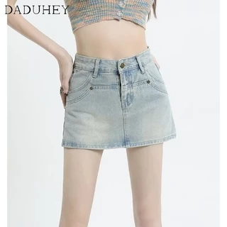 Chân váy denim DADUHEY lưng cao dáng chữ A thời trang retro phong cách Hàn Quốc cho nữ