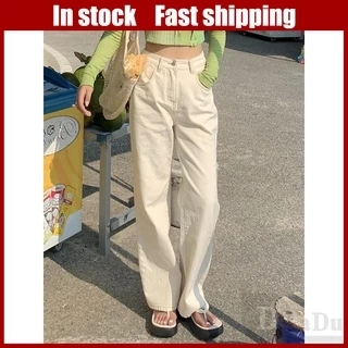 Daduhey Quần jeans dài ống rộng lưng cao khoét lỗ phong cách trẻ trung pha cổ điển thời trang Hàn Quốc