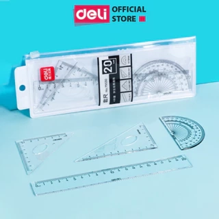 Bộ thước kẻ, thước đo độ, eke Deli cho học sinh bộ dụng cụ học tập 4 chiếc Trong suốt, dễ nhìn và đo chính xác