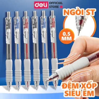 Bút Bi Nước Bút Gel Mực Bấm Deli Đệm Xốp Nhiều Màu Trơn Tru Ngòi 0.5mm Dành Cho Học Sinh Sinh Viên