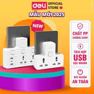 Ổ Cắm Chia Điện Deli, Ổ Cắm Điện Chữ T Công Suất 2500W Tích Hợp Cổng USB &TypeC Sạc Nhanh 20W