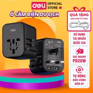 Ổ Cắm Chuyển Đổi Du Lịch Deli Sạc Nhanh 20W Ổ Chia Điện DELI 4 Loại Chân Cắm Chuyển Đổi Dòng Điện